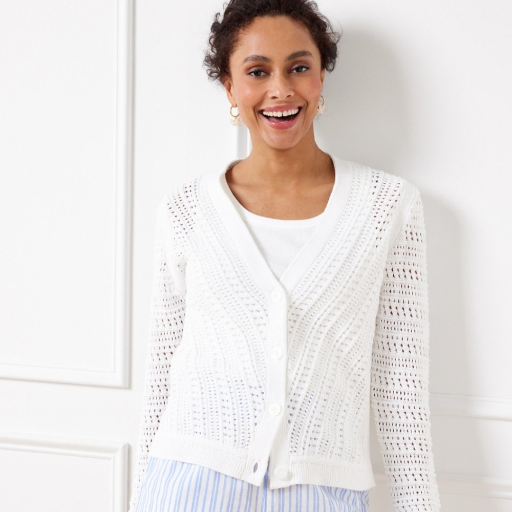 NEW Talbots White Pointelle Open Knit V-Neck Buttoned Cardigan